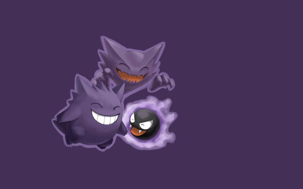 Colorful digital art of Gengar Haunter and Gastly Ghost-type Pokémon on purple background wallpaper