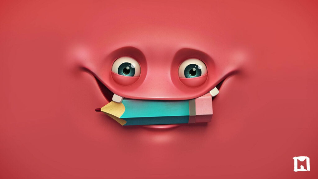Enchanting Red Creature Captivated by a Blue Pencil in a Tumblr Desktop Wallpaper
