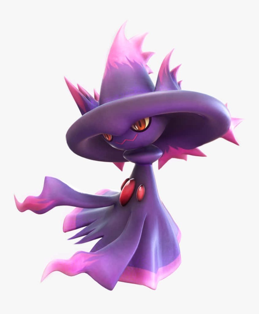 3D render of Ghost-type Pokémon Mismagius with glowing red gems and purple witch-like form wallpaper