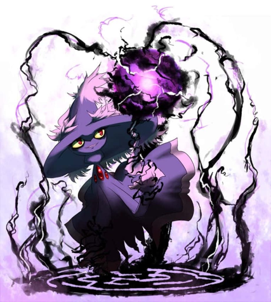 Mismagius digital illustration with glowing dark ball and ghostly purple aura wallpaper background