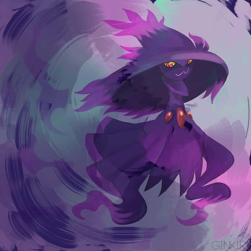 Mismagius Ghost Pokemon with glowing red gems in dark purple swirling ethereal vortex wallpaper background
