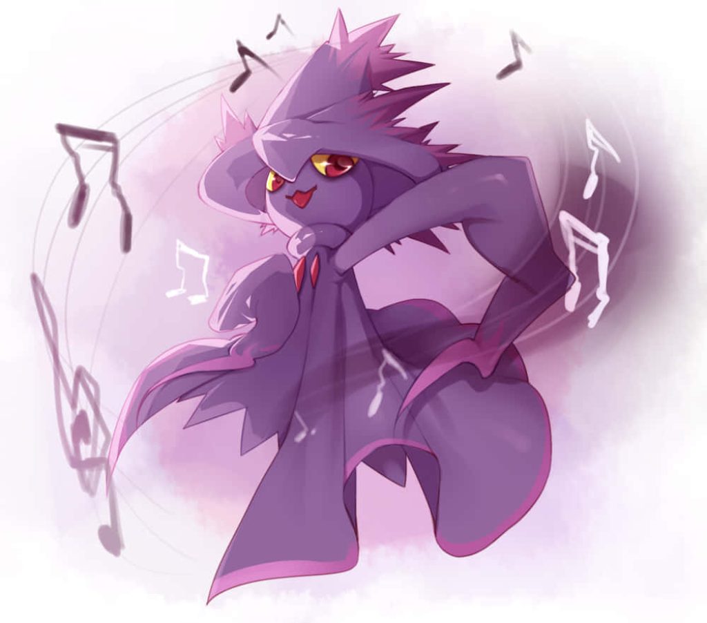 Mismagius Ghost Pokémon digital art with floating musical notes soft purple magical wallpaper