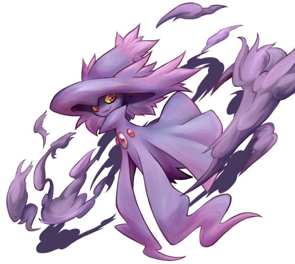 Mismagius Ghost-type Pokémon digital art with glowing eyes and mystical purple smoke background Wallpaper