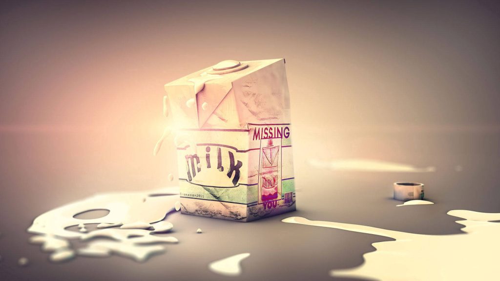 3D CGI spilled milk carton labeled MISSING YOU with soft lighting minimalist melancholic wallpaper