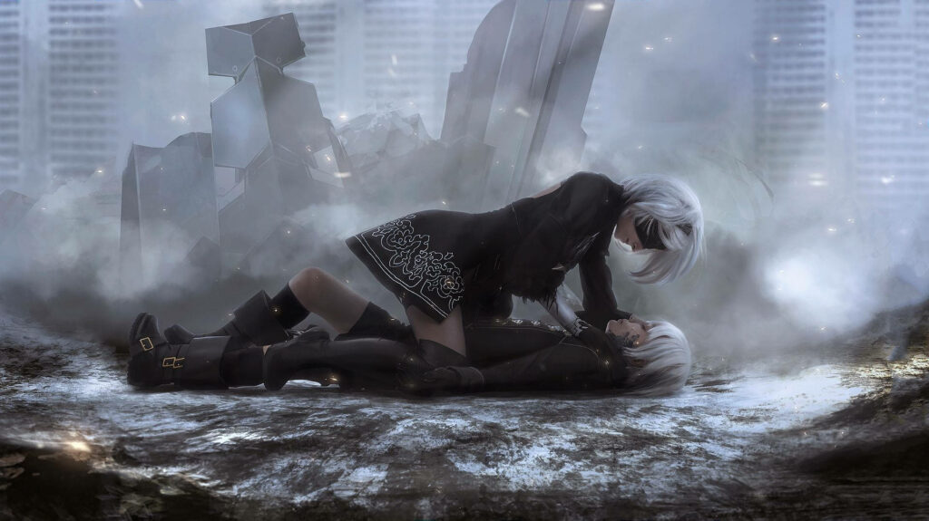 Blades of Fury: 2B and 9S Unite in NieR Automata Wallpaper