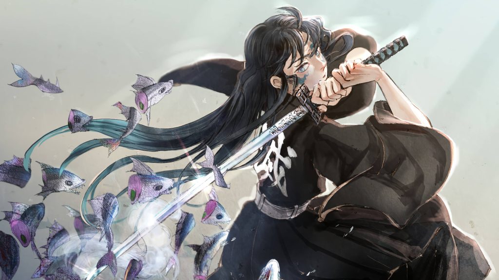 Muichiro Tokito Mist Hashira slicing fish demons with Nichirin blade dynamic Demon Slayer wallpaper