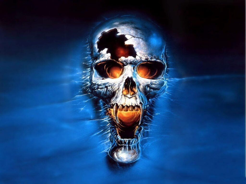 Frighteningly Mesmerizing: 3D Ghost's Broken Skull Enveloped by Enigmatic Misty Blue Ambiance Wallpaper