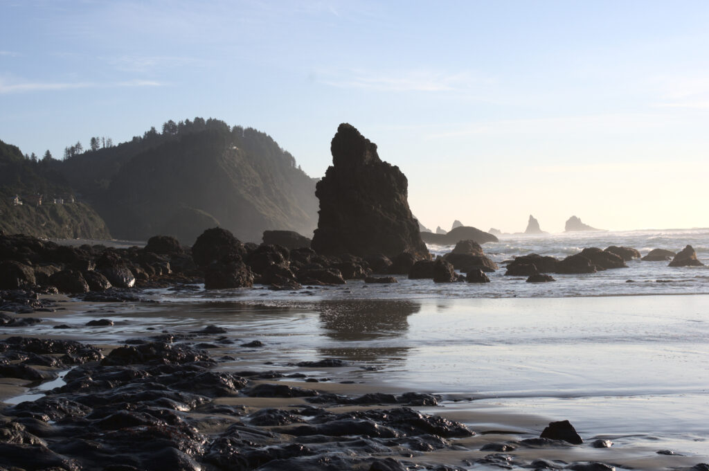 Rugged coastal rocks and towering stone formations by misty mountains with serene shoreline Wallpaper