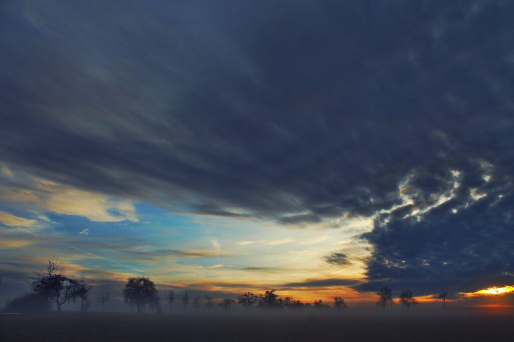 Misty field with scattered trees under a dramatic sunset sky with textured glowing clouds Wallpaper