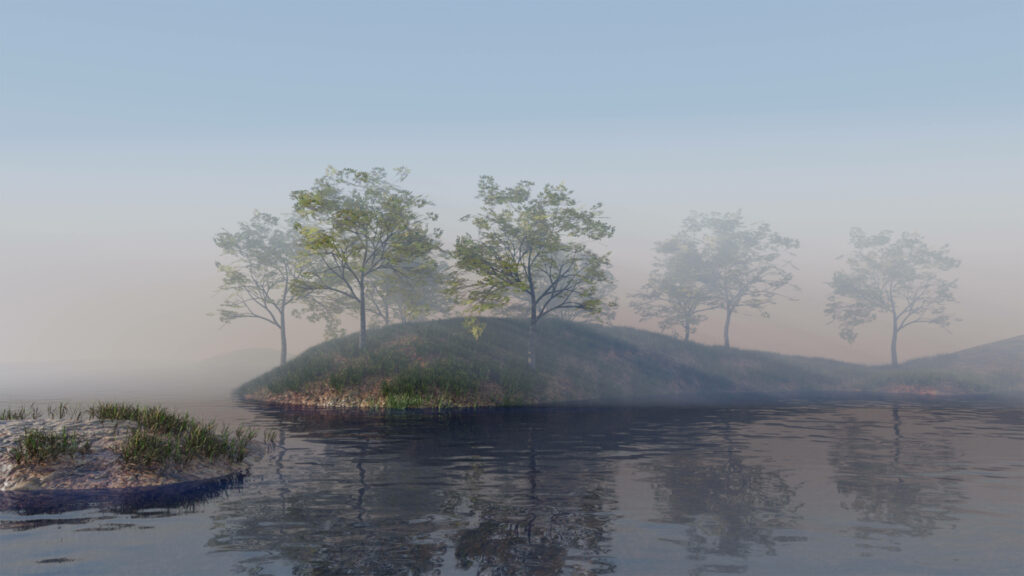 Serene 3D Misty Forest Lake Wallpaper - Tranquil Dawn Background