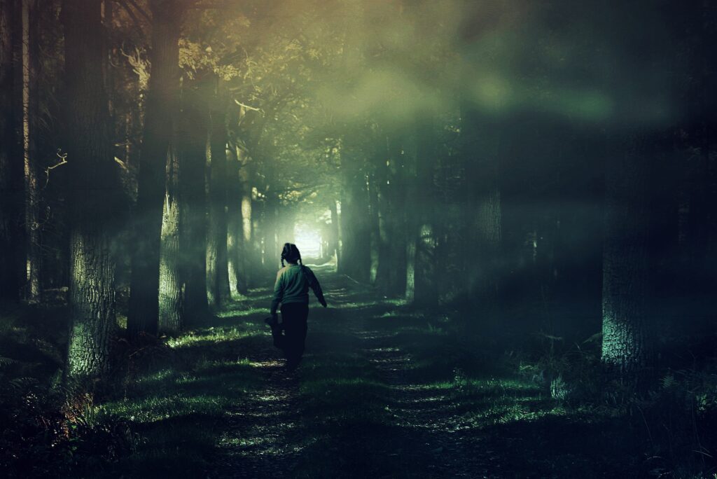 Child walking alone on misty forest path with tall trees and soft sunlight filtering through fog Wallpaper