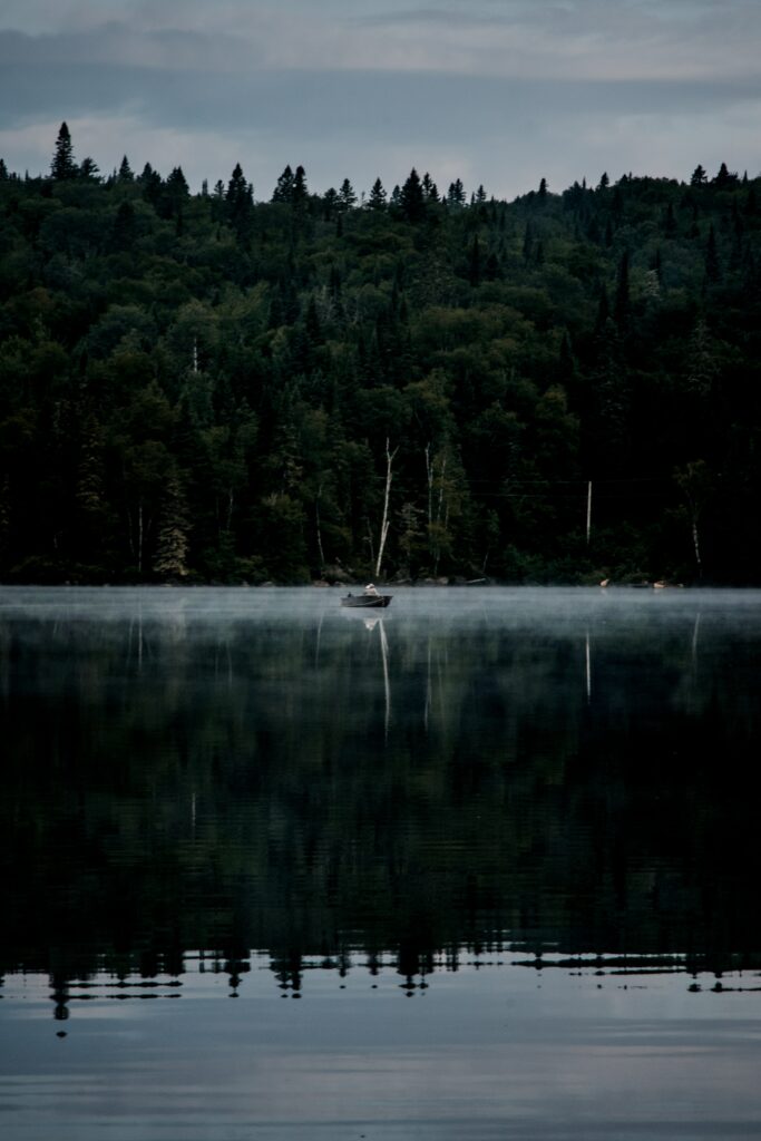 Misty forest reflected in calm river with lone boat drifting in tranquil foggy green blue scene Wallpaper