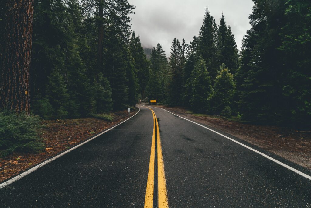 Winding asphalt road with yellow lines through misty dense green forest peaceful woodland background Wallpaper