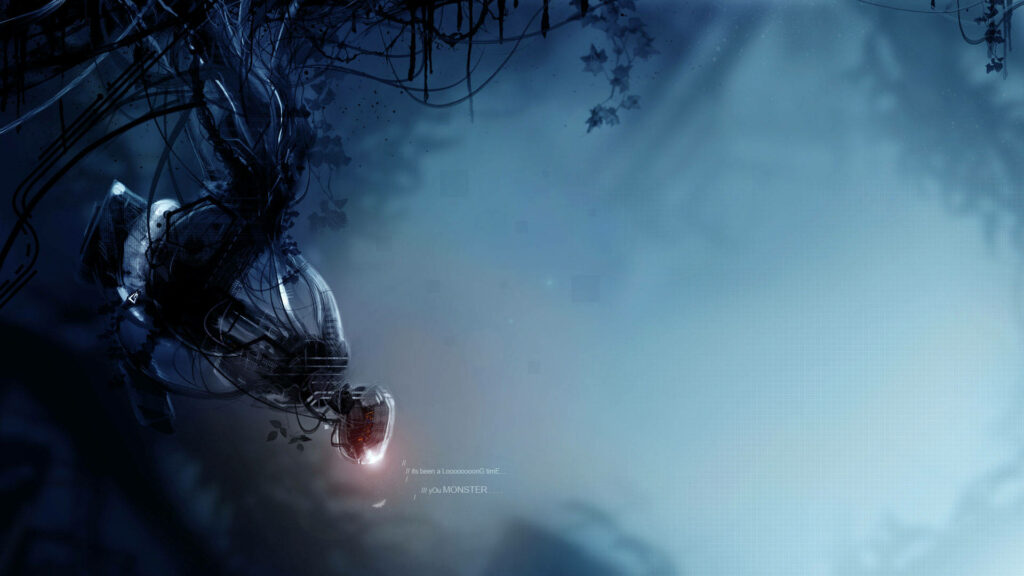 Misty Forest Wallpaper: Futuristic Portal 2 Design with Robotic Figure
