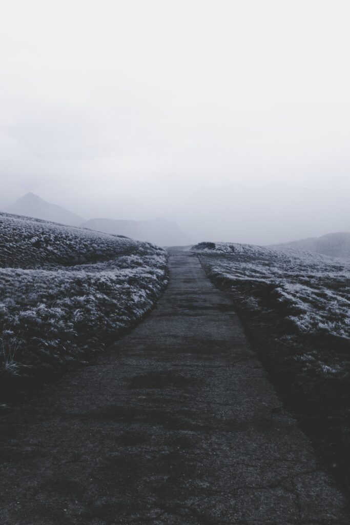 Solitary winding path through misty frost covered winter landscape with snow and fog haze Wallpaper