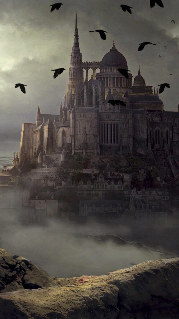 Mystical fortress with gothic spires above foggy cliffs dark birds circle moody fantasy wallpaper