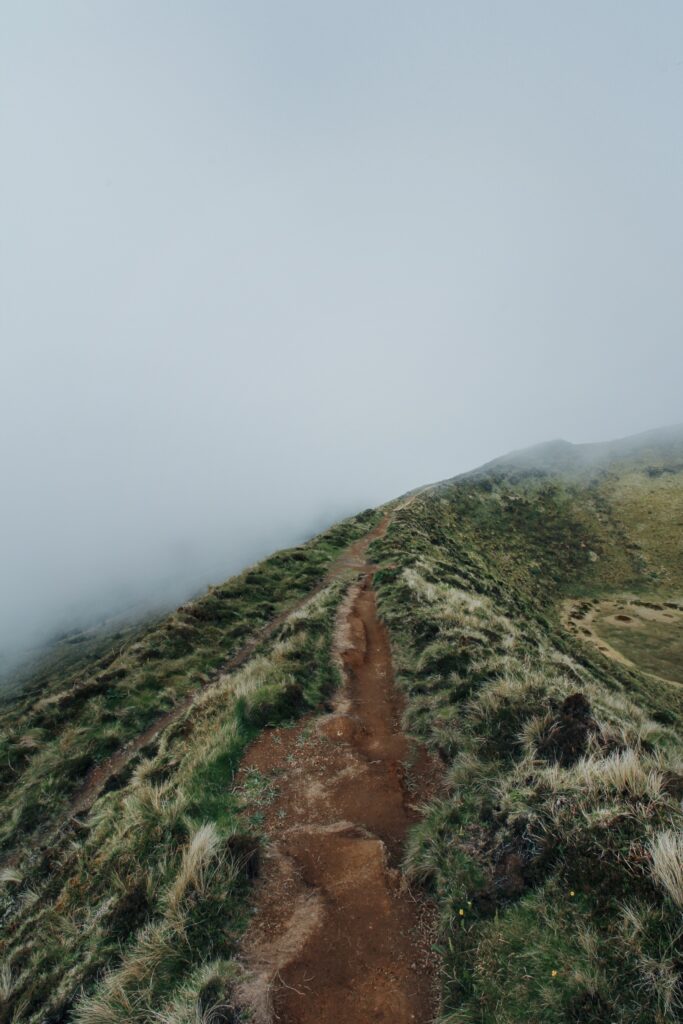 Misty hillside ridge with winding dirt path through lush green grass and gentle slopes Wallpaper