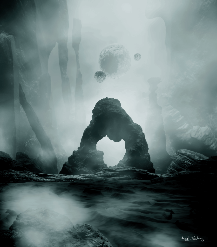 Monochrome foggy landscape with towering stones floating spheres flowing water surreal wallpaper