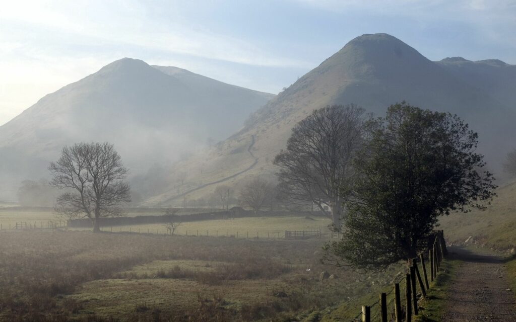 Misty morning mountains with fog rolling over lush green hills and a rustic path through bare trees Wallpaper