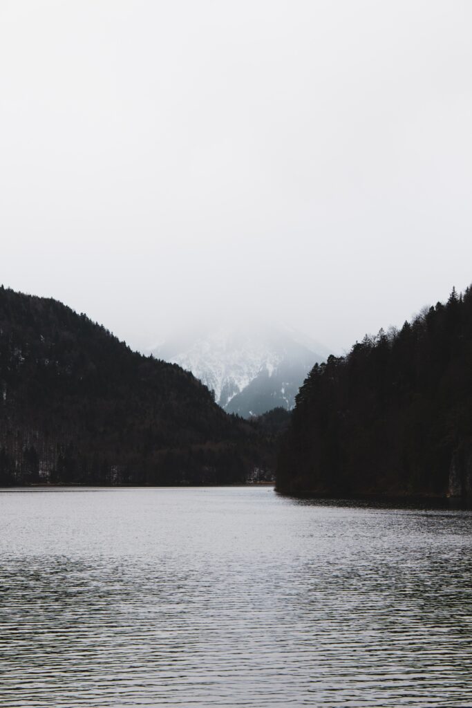 Misty fog over tree-lined mountains reflected in calm lake with tranquil forest and overcast sky Wallpaper