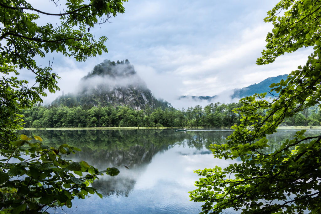 Misty mountains reflected in calm lake framed by green branches with soft clouds and fog Wallpaper