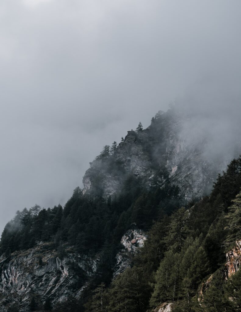 Steep mountain slope with jagged rocks and dark green trees emerging through dense fog Wallpaper