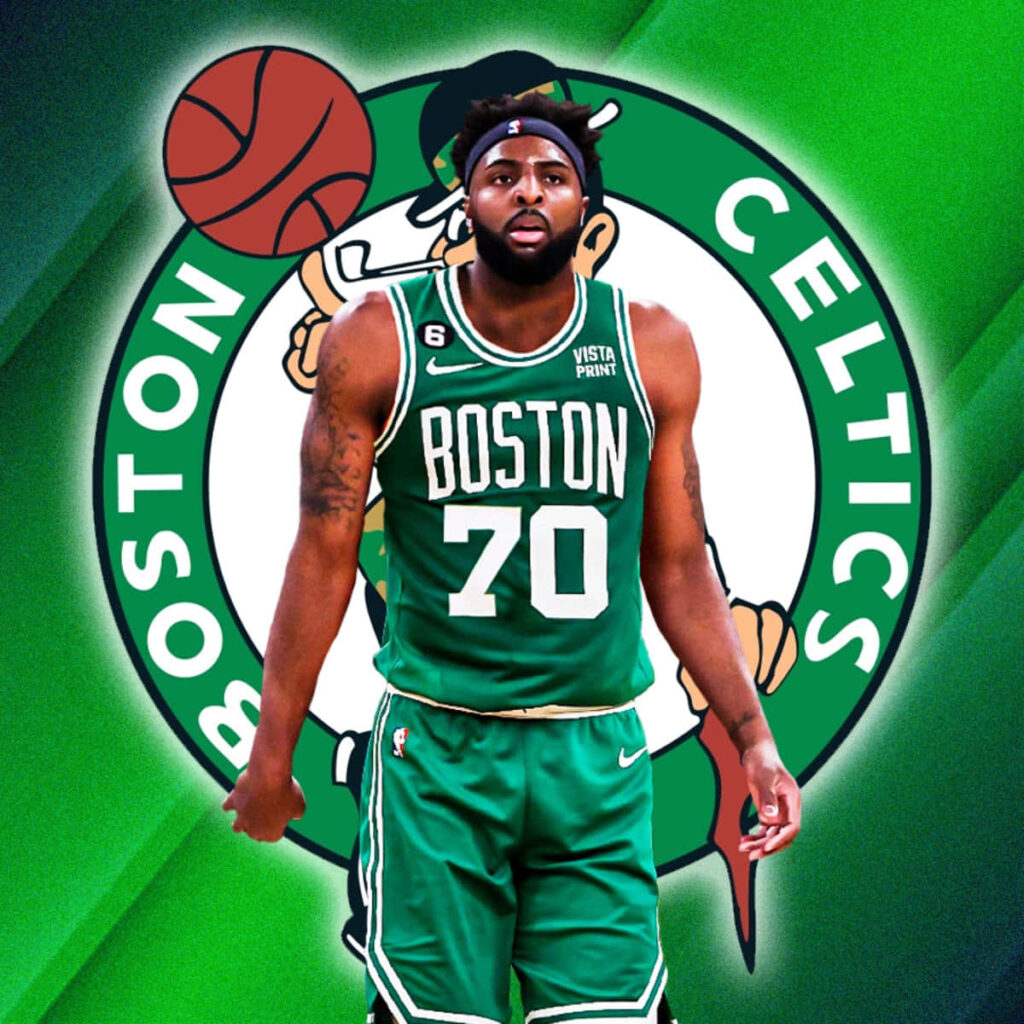 Mitchell Robinson in Boston Celtics jersey digital wallpaper vibrant green background basketball art