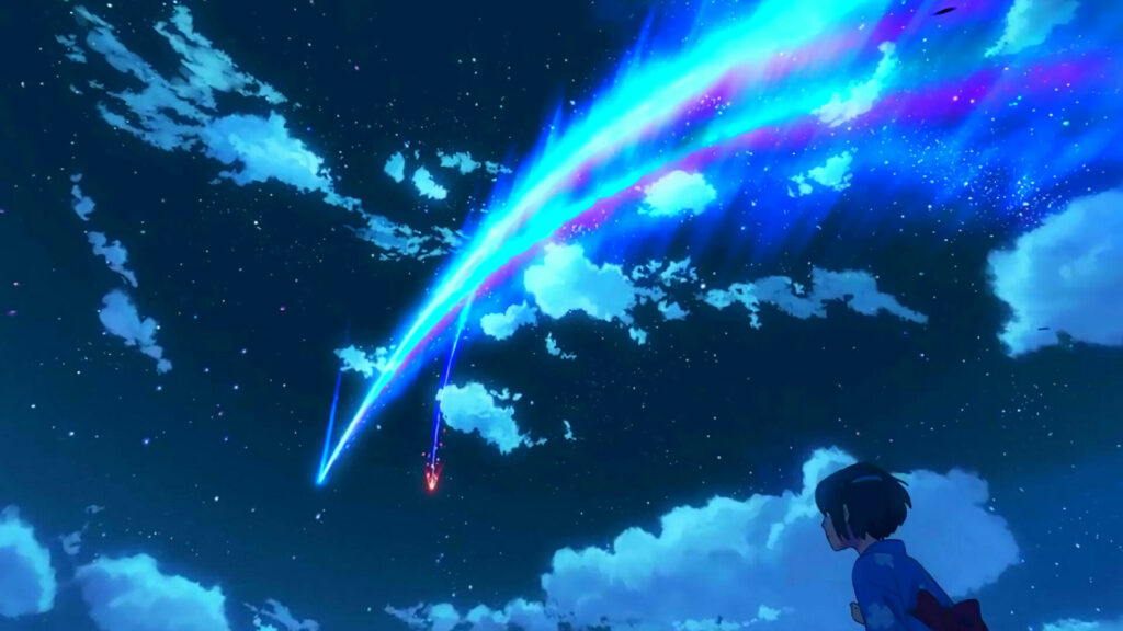 Mesmerizing Night Sky Encounter: Mitsuha in Kimono Witnesses a Celestial Phenomenon in Your Name Anime Wallpaper