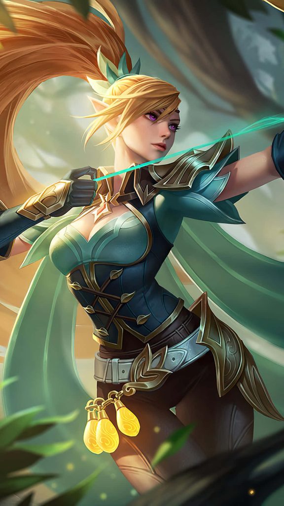 Miya Mobile Legends elven archer in turquoise armor aiming bow in sunlit forest wallpaper