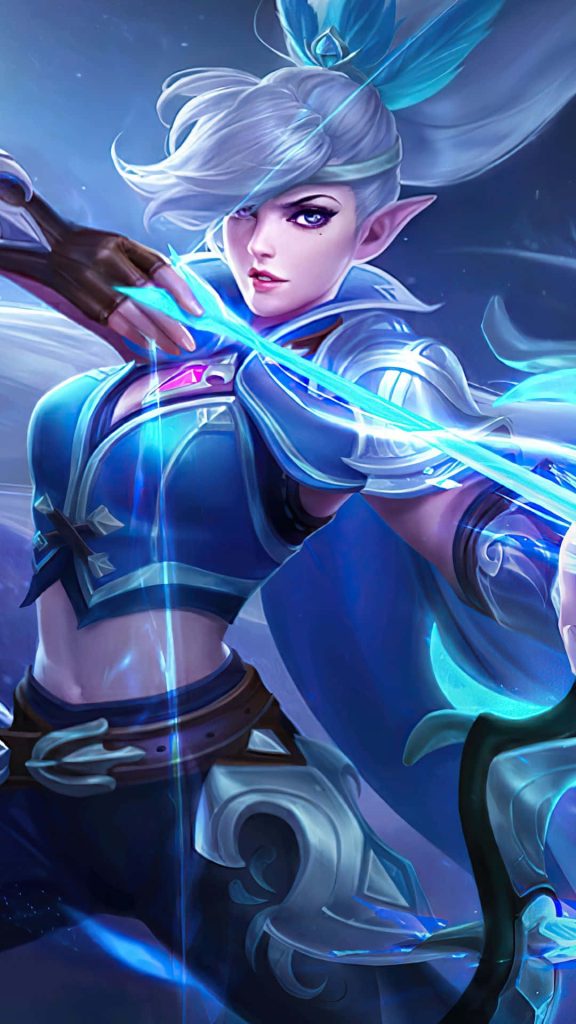 Miya Moonlight Archer Mobile Legends drawing glowing energy bow in detailed blue armor wallpaper