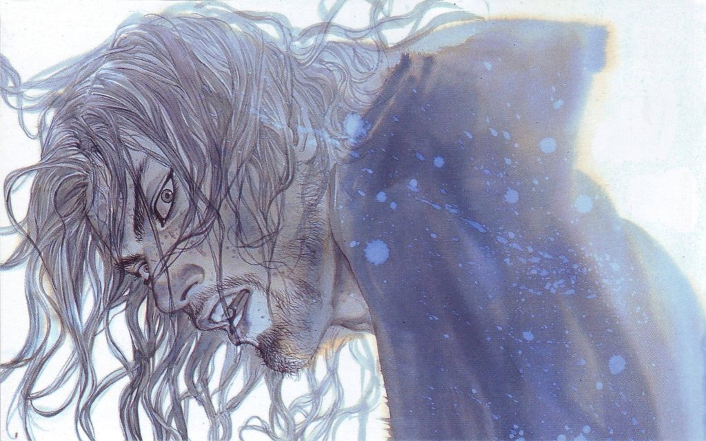 Miyamoto Musashi intense ink-wash manga art by Takehiko Inoue moody blue classic wallpaper