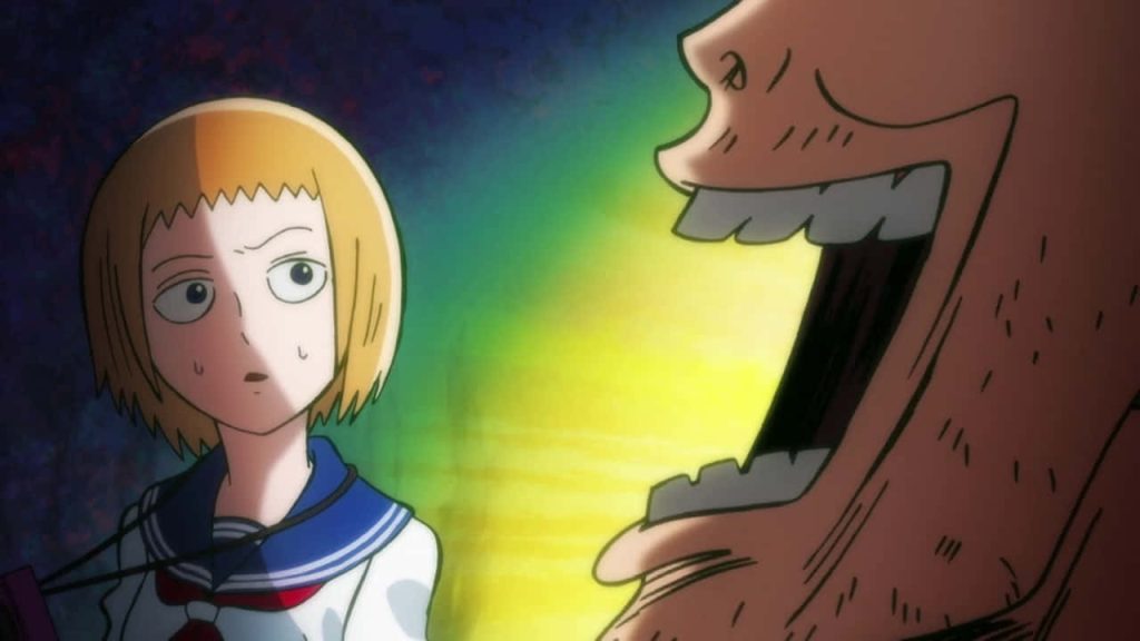 Mob Psycho 100 wallpaper Ichi Mezato worried in blue uniform beside grinning distorted face
