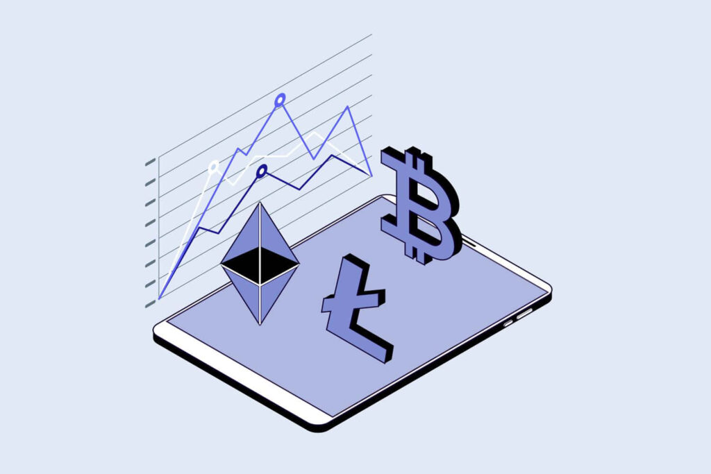 Smartphone showing rising crypto graph with 3D Bitcoin Ethereum Litecoin symbols mobile trading Wallpaper