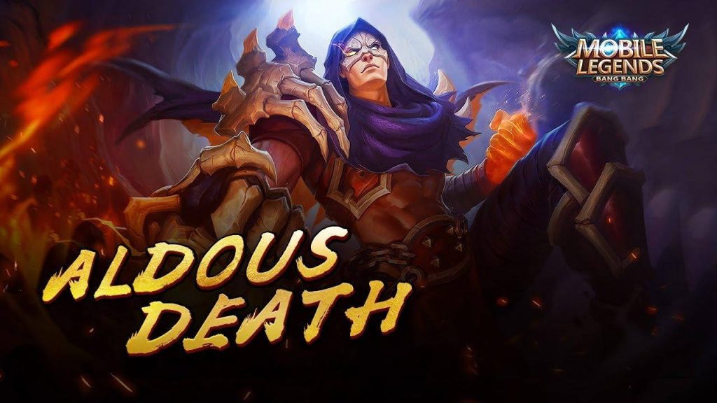 Aldous Mobile Legends Death skin wallpaper with glowing gauntlet dark armor fiery background