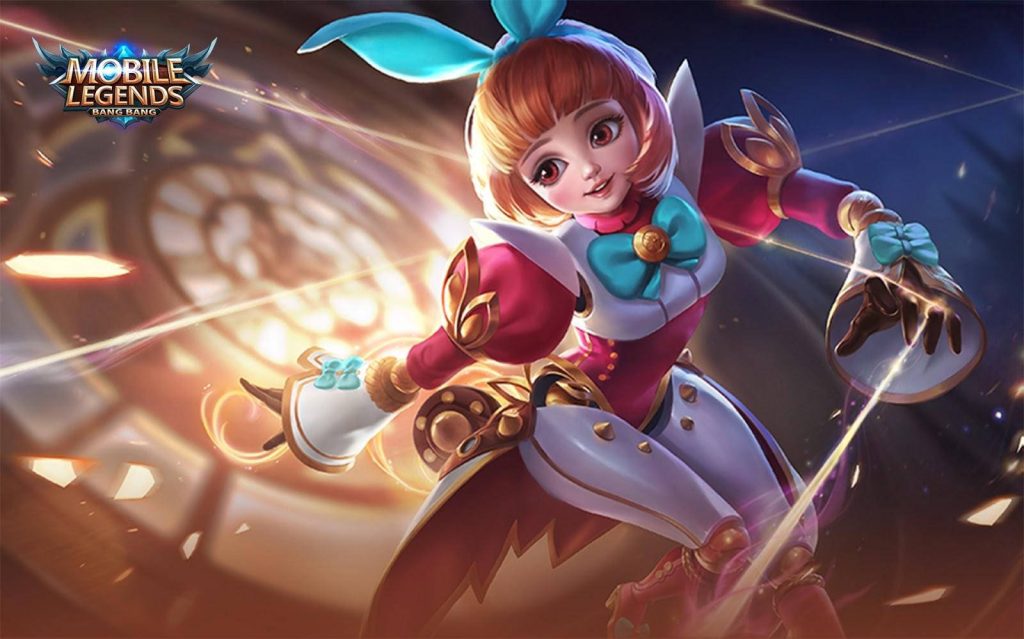 Mobile Legends Angela support hero wallpaper with teal bow marionette strings golden background