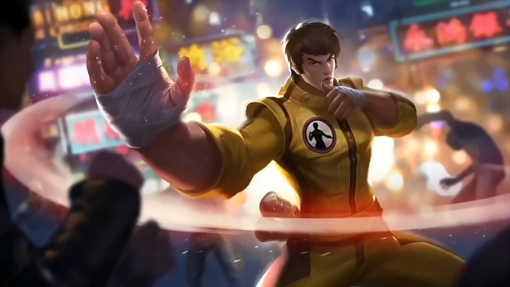 Mobile Legends Chou Dragon Boy skin martial arts pose vibrant urban bokeh wallpaper background