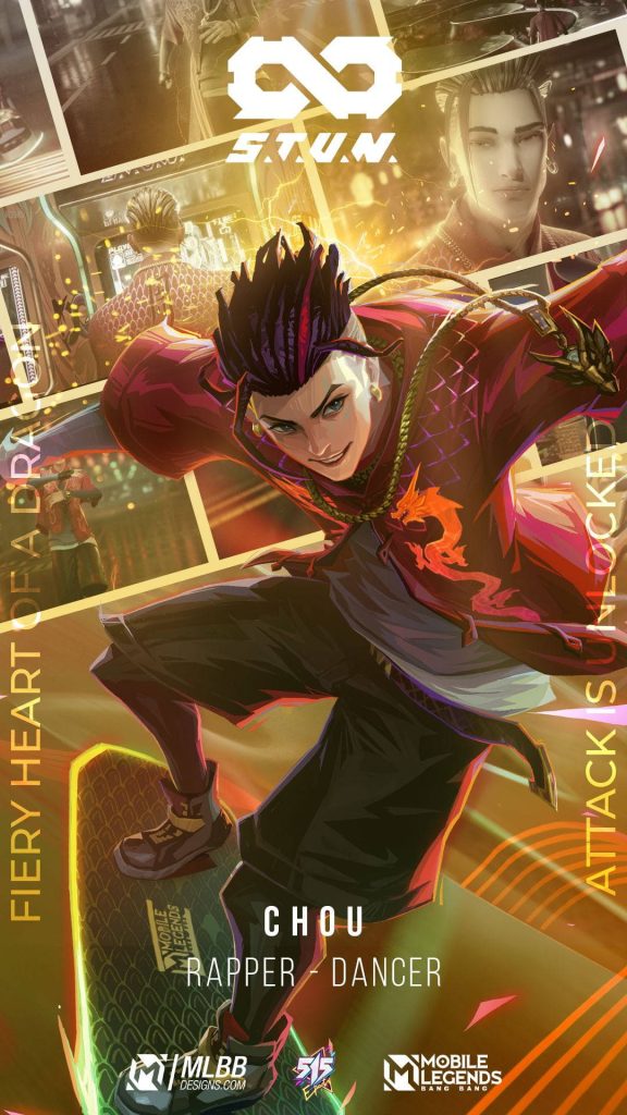 Mobile Legends Chou S.T.U.N. Rapper skin wallpaper red dragon jacket gold lighting art background
