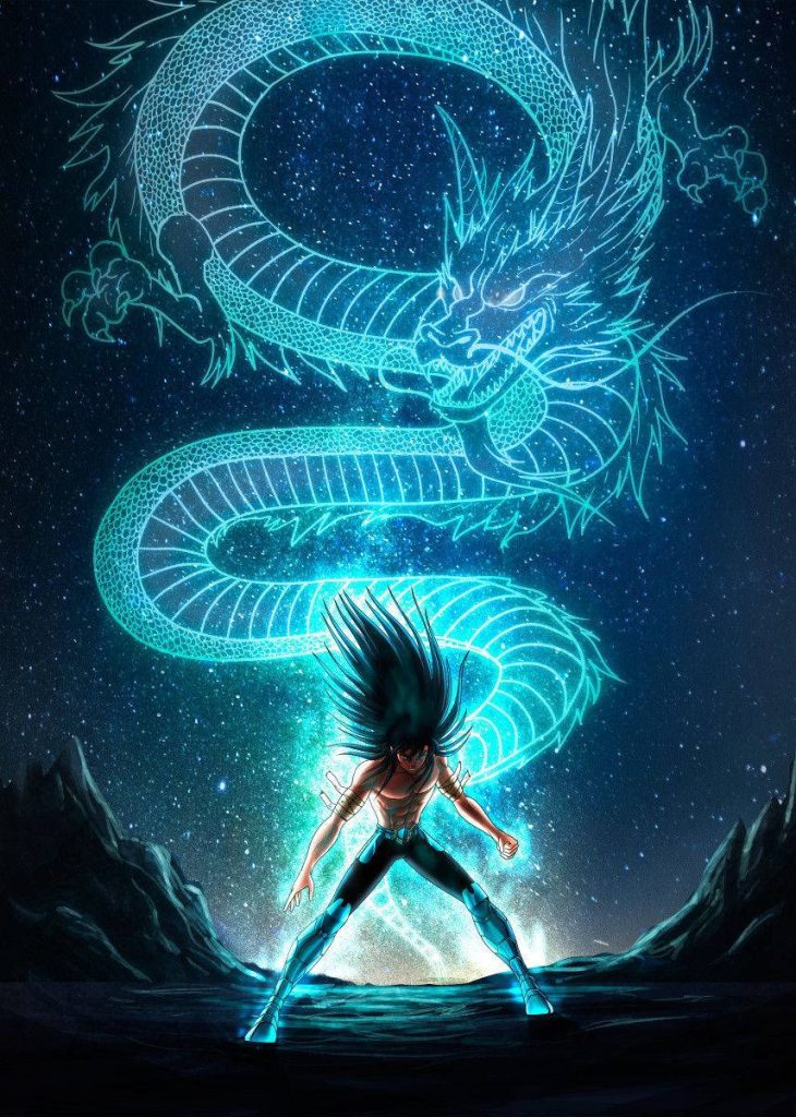 Mobile Legends Chou Dragon Shiryu skin with glowing celestial dragon on starry night wallpaper