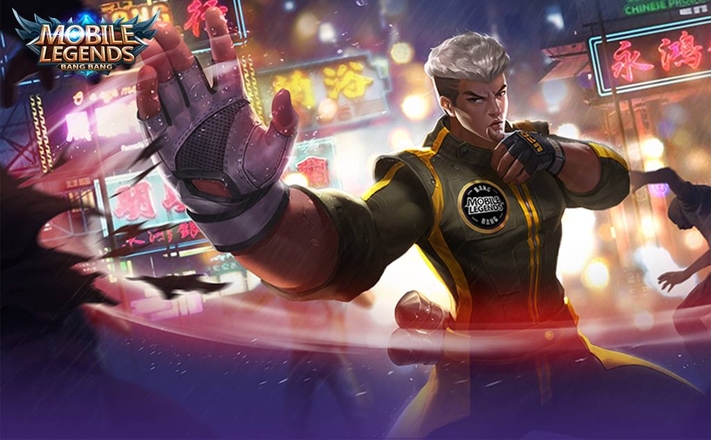 Chou Mobile Legends wallpaper vibrant neon urban background dynamic kung fu hero pose