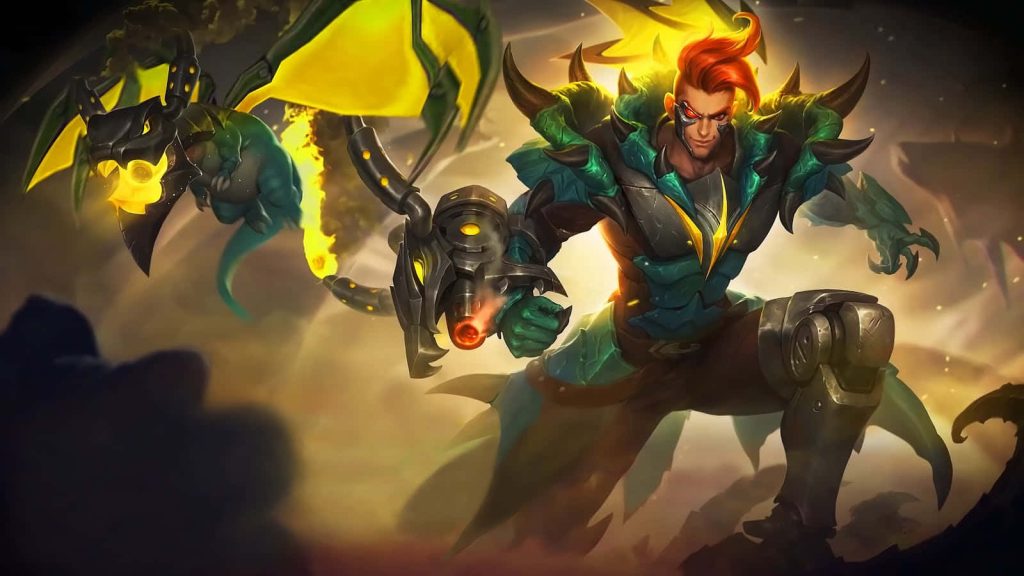Claude Blazing Trace skin with robotic monkey Dexter in fiery desert war Mobile Legends wallpaper