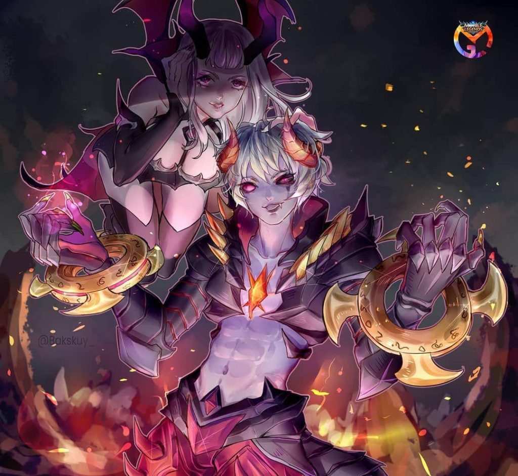 Mobile Legends Dyrroth and Selena anime wallpaper fiery dark background glowing golden rings