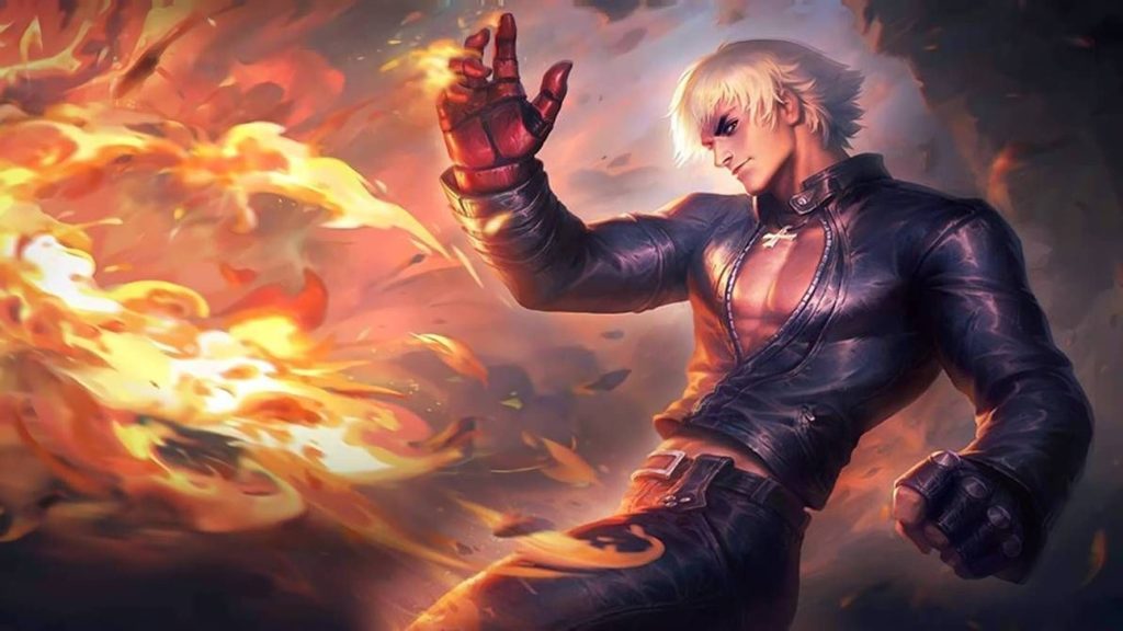 Mobile Legends wallpaper Gusion K collaboration skin white hair fiery flames dynamic pose