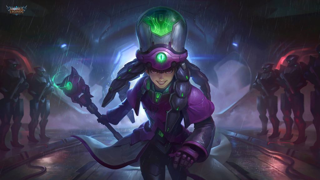 Mobile Legends Harley V.E.N.O.M Octopus skin with glowing staff in neon sci-fi rain wallpaper