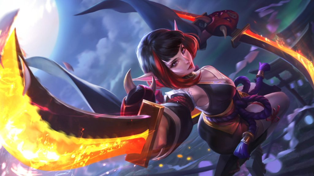 Mobile Legends Karina with fiery blades under glowing moon intense dark fantasy wallpaper
