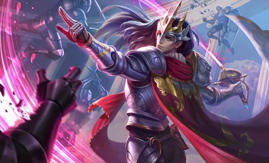 Mobile Legends Lancelot Floral Knight wallpaper silver armor red cape magical petals ruins background