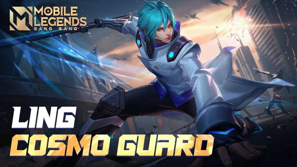 Mobile Legends Ling Cosmo Guard skin wallpaper cyan hair tech armor intense cityscape background