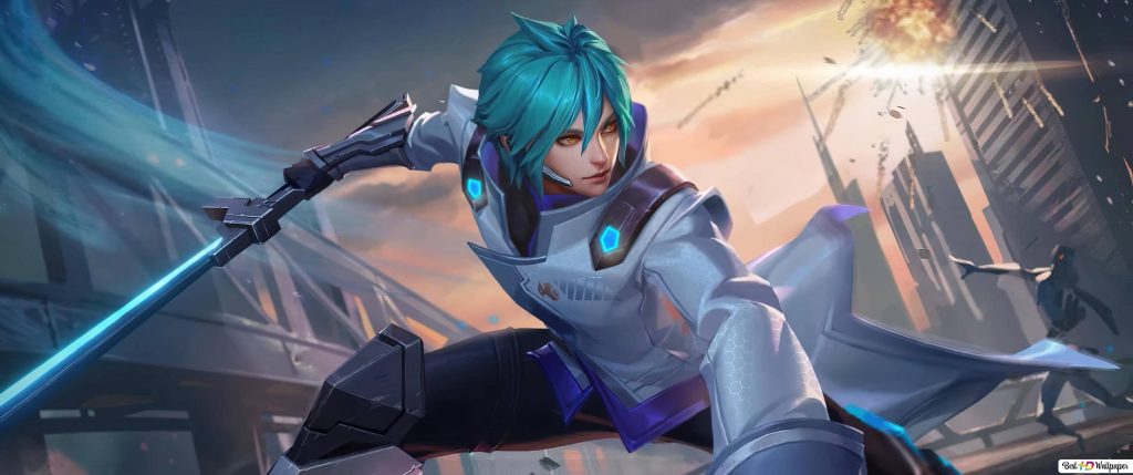 Mobile Legends Ling Cosmo Guard skin with teal hair and energy blade sci fi city wallpaper