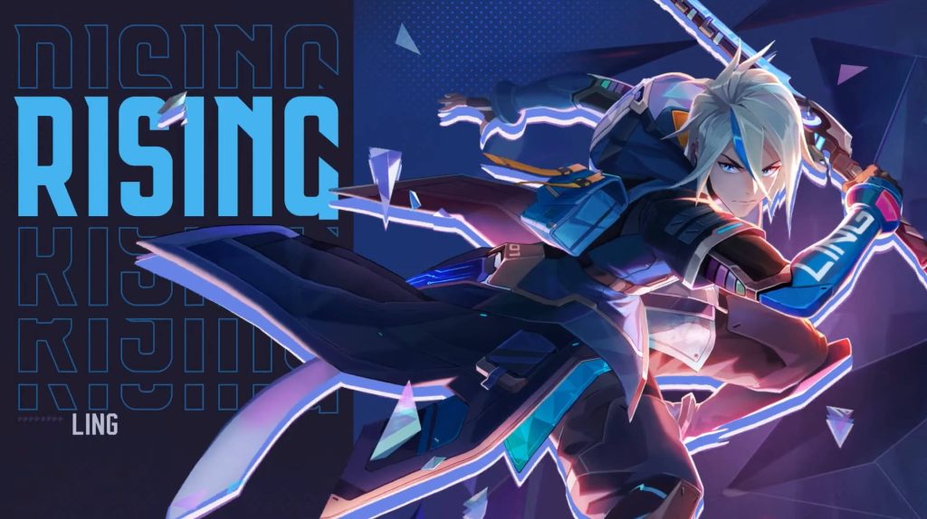Mobile Legends Ling M-World skin wallpaper neon energy blades cyberpunk streetwear rising text