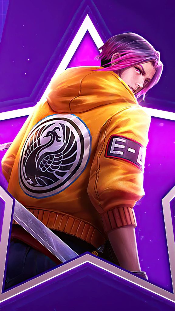 Mobile Legends Ling Street Punk wallpaper with yellow jacket pink hair and purple star background