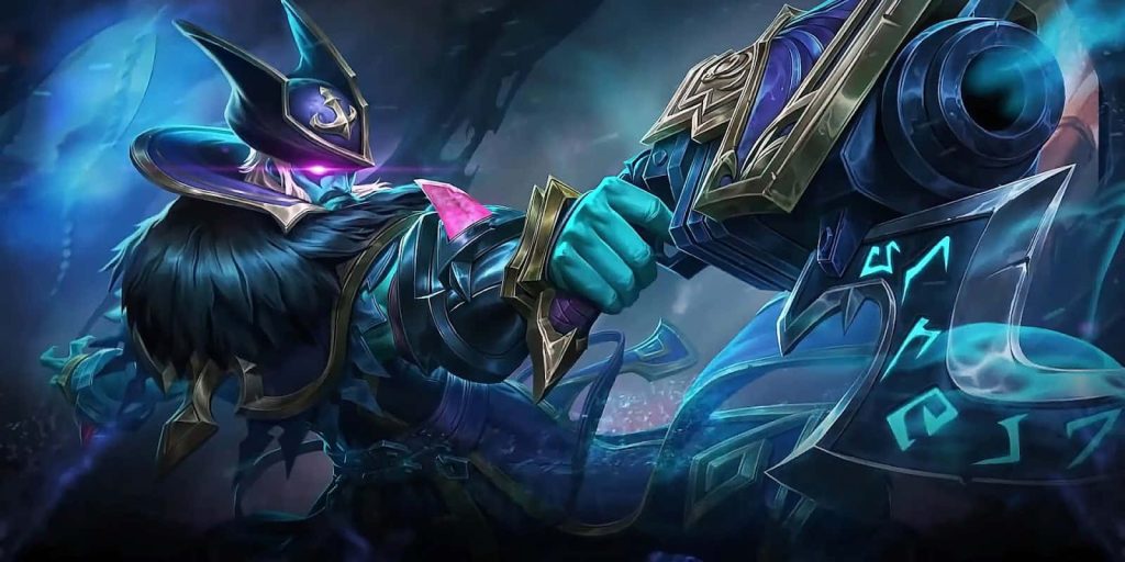 Roger Phantom Pirate Mobile Legends wallpaper glowing violet eyes heavy cannon background